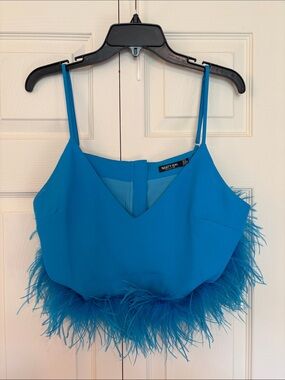 Nasty Gal Blue Feather Trim Spaghetti Strap Crop Cami